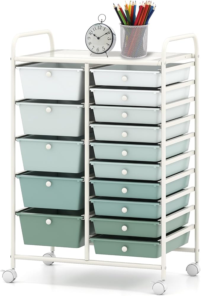 BECOMFORT 15-Drawer Rolling Cart with Drawers, Storage Cart on Wheels, Teacher Classroom Organizers with Metal Frame, Mobile Craft Cart for Tools, Trolley Utility Cart for School Office Play Room