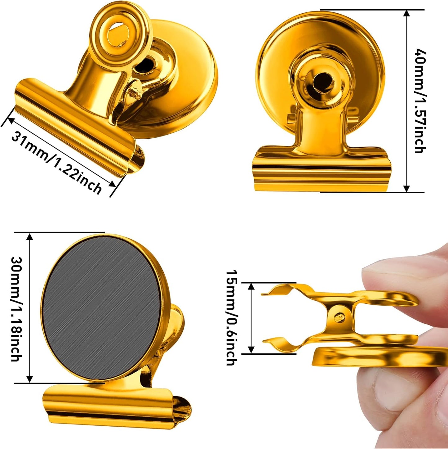 FINDMAG 12 Pack Magnetic Clips for Photo Display and Picture Hanging, Heavy Duty Scratch-Free Fridge Magnets, Strong Clips for Photo Display, Whiteboard, Office, Kitchen, School, 30mm Wide, Gold.