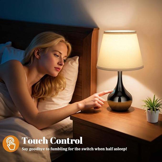 16.1" Touch Table Lamp for Nightstand, 3 Way Dimmable Small Bedroom Lamp | Touch Control, Bulb Included, Pearl-black Bedside Lamps for Desk, Night Stands, Living Room, End Table, Corded