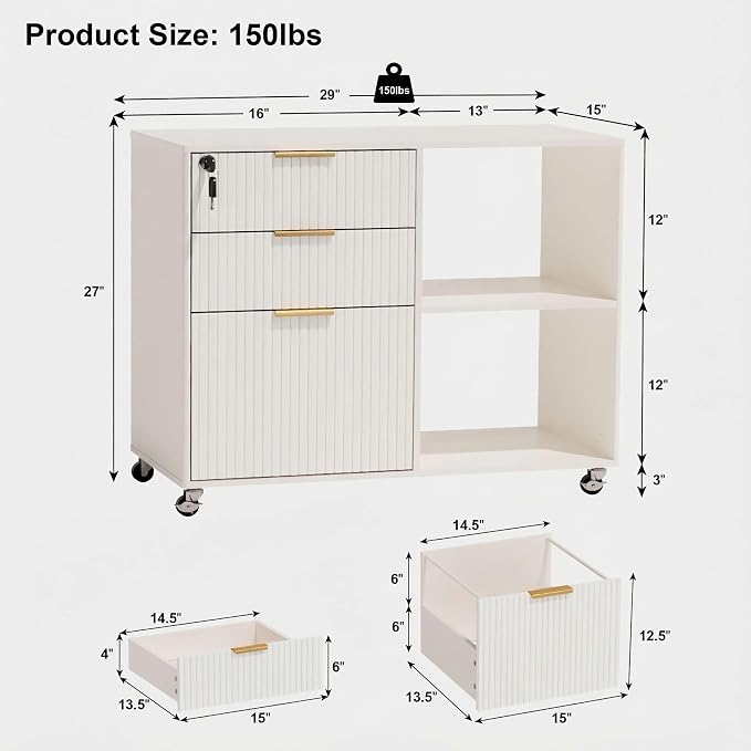 3 Drawer Fluted Mobile Filing Cabinet with Lock, Lateral Rolling Under Desk File Cabinet, Wooden Printer Stand Table for Home Office Essentials Storage Organization Furniture Letters/A4(White)
