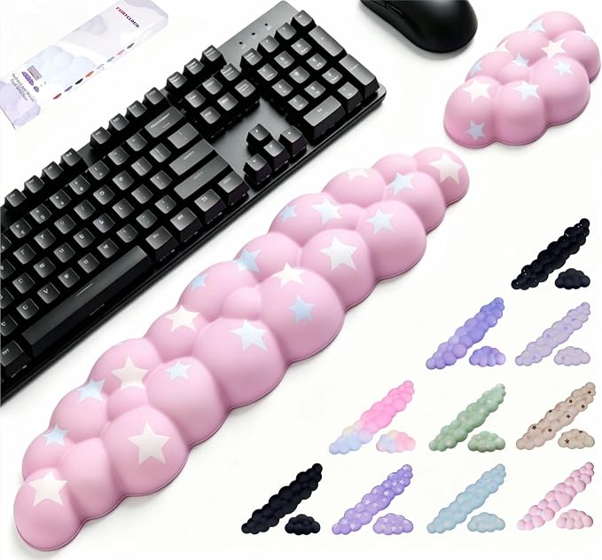 Cloud Wrist Rest Set for Keyboard & Mouse, 16.9", Pink Colorful Star | Memory Foam Arm Rest with Ergonomic Support Fits Full Keyboards and Reduces Typing Fatigue for Office, Gaming and Home Use