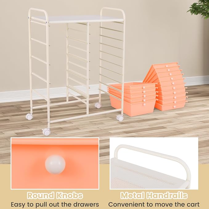 GLACER 15 Drawers Rolling Storage Cart, Steel Frame Craft Organizer Cart | Utility Cart w/Lockable Wheels & Sleek Handle, Mobile Art & Tool Supply Trolley for Teacher, Home, School, Office (Peach)