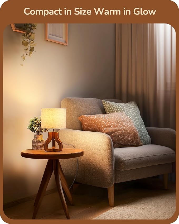 EDISHINE 14.6" Modern Table Lamp, Rose Wood Base Nightstand Lamp, E26 Base | Beige Linen Shade, On-Off Line Switch, Small Cute Bedside Lamp for Living Room, Bedroom, Office