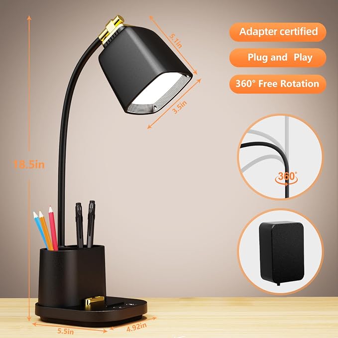 LED Desk Lamp with USB Charging Port Touch Control 3 Color Modes, Stepless Dimming,Eye-Caring LED Table Lamp for Home,Office,Bedroom,Reading,Work,Study,Gooseneck Lamp, 5V, 2.4A