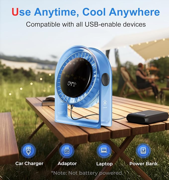 2026 Quiet USB Desk Fan,4 Speeds, 120°Tilt, table Fan for bed & Office | Air Circulator Mini Fan Bedroom,Translucent Black, Portable Smart Display Fan,Low Noise,7 Blades,Cool Room In 3 Mins