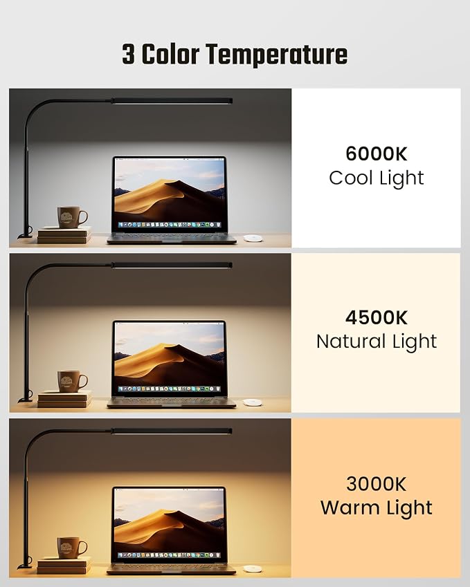 SUPERDANNY Eye-Caring LED Desk Lamp Work Lamp Office Lamp with Side Clamp | Black, Touch Control, 360° Flexible Gooseneck, 3 Modes Smooth Dimming, Memory Function, Adapter, Metal, for Home Office Dorm