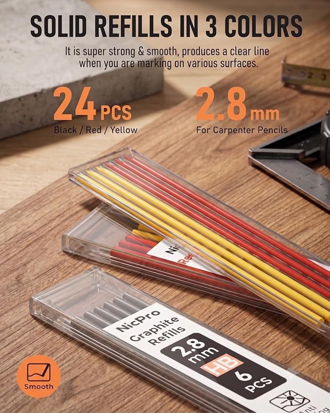 Nicpro 2Pack Carpenter Pencil with Sharpener, Mechanical Carpenter Pencils with 26 Refills (Red, Black, Yellow), Heavy Duty Construction Pencil, Woodworking Pencils for Architect | Mechanical Carpenter Pencils+26 Refill, Heavy Duty Construction Pencil,...