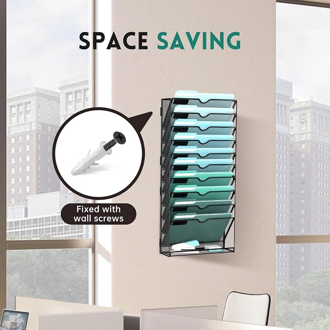 11-Tier Wall File Organizer, Wall Mounted Mail Sorter, 2 Pack | Metal Mesh Hanging File Organizer with Open Compartments and Label Panels for Papers and Folders at Home, Office or School