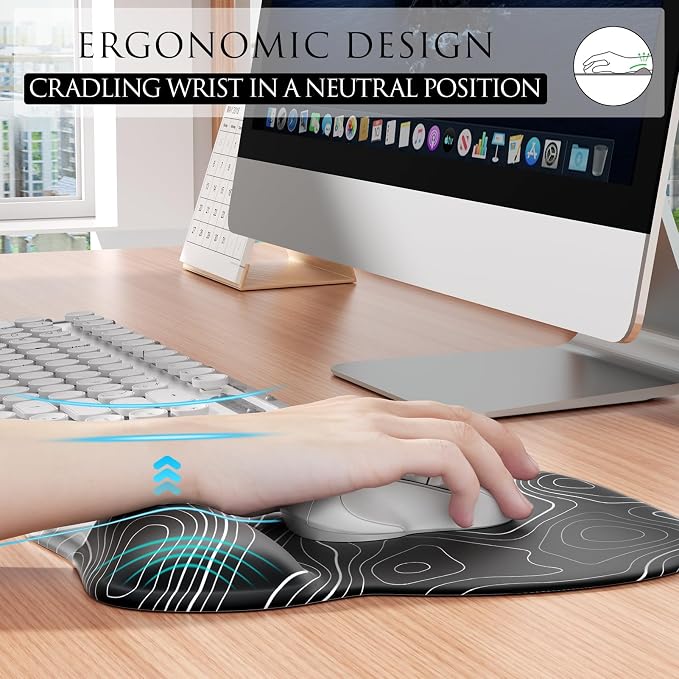 MROCO Ergonomic Mouse Pad Gel Wrist Rest, 9.4 x 8.1 in, Black Topographic | Ergonomic Shape Design, Multiple Pattern Options, Gel Wrist Comfort, Smooth Lycra Surface, Non-Slip PU Base