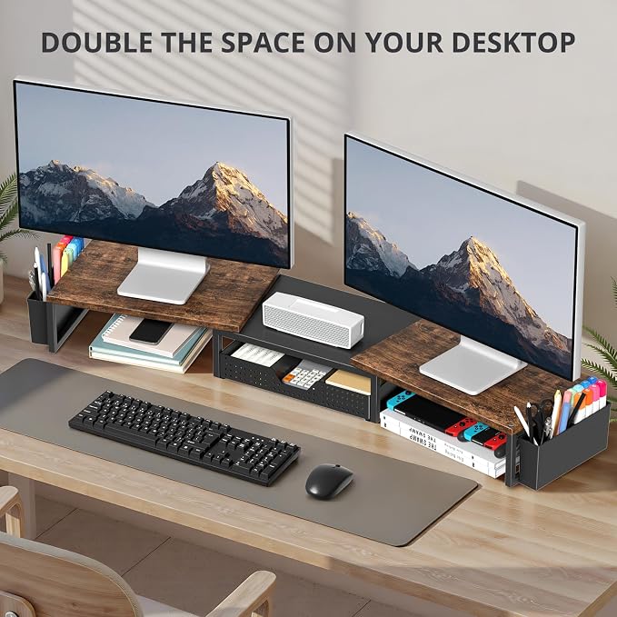 Desk Organizers and Accessories, Dual Monitor Stand Riser with Drawer and 2 Pen Holders, Desk Shelf Computer Racks for Office Workspace Organizers, Desktop Organization (Rustic Brown)