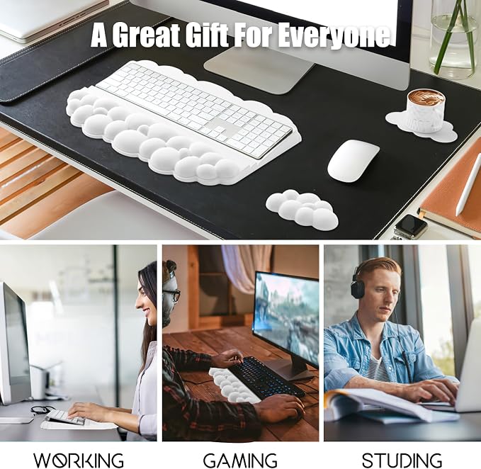 Ergonomic Wrist Rest for Keyboard and Mouse, Cloud Keyboard Stand Pad | Soft Memory Foam Keyboard Riser Holder with Wrist Pad, Easy Typing, Pain Relief, Comfort for Office, Work, Gaming - White