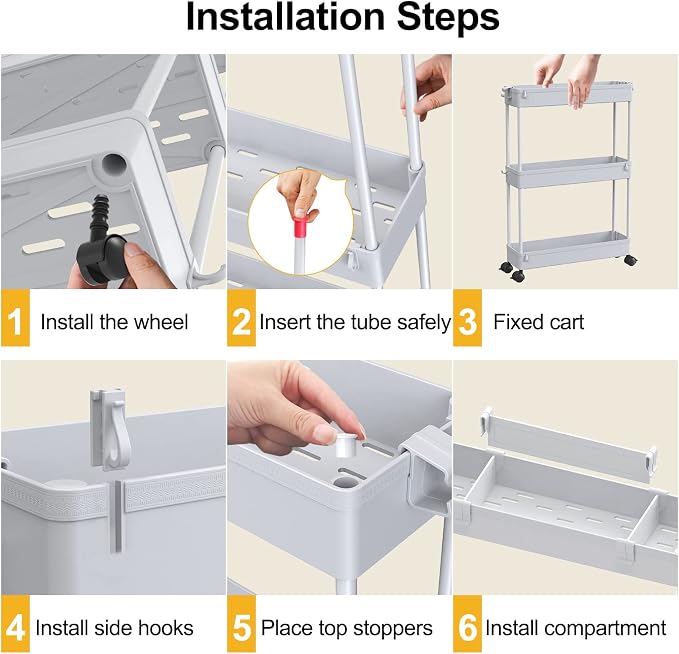 Slim Storage Cart 3 Tier,Bathroom Organizer Rolling Utility,Mobile Shelving Unit Slide Out for Office, Kitchen, Laundry Room & Narrow Places,Gray