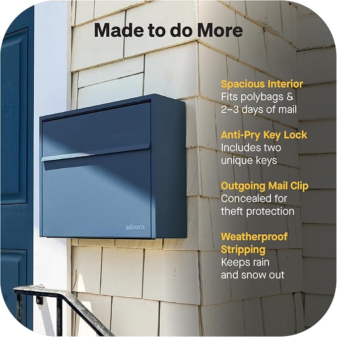 Adoorn Lockable Wall Mount Mailboxes for Outside - Small Anti-Theft Locking Mailbox for Letters - Weatherproof Construction - Durable Steel - 13.5" H x 15" L x 5.5" D - Navy