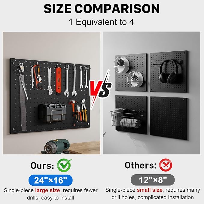 Peg Board, 4 Pack Metal Pegboard Panels Black Pegboards Wall Organizer with Frame Large Heavy Duty Peg Board with Hooks for Walls Home, Garage Tool Storage, Office, Craft Room, Kitchen 24”×16”