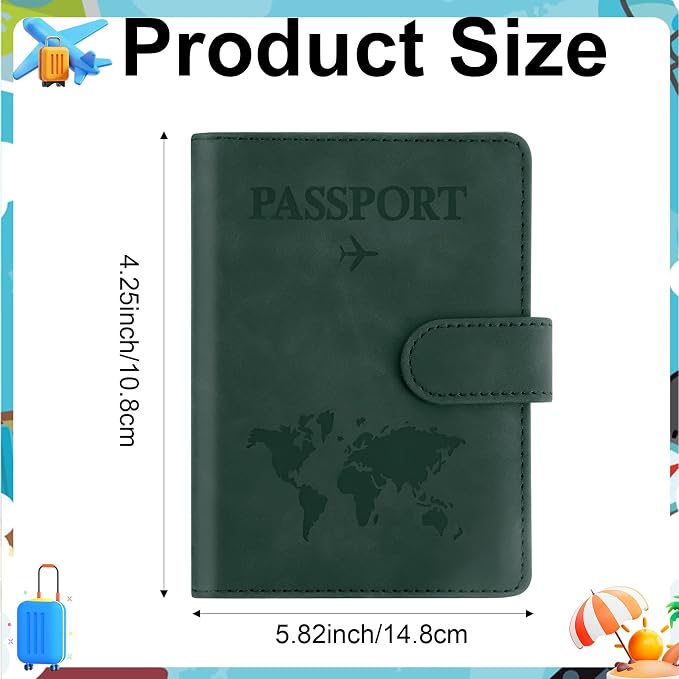 Passport Holder for Travel Essentials, Dark Green Leather Passport Cover, Passport Wallet Holders for Women Men Family Travel Gifts Must Have Accessories, Credit Card Cash Air Ticket Storage Supplies
