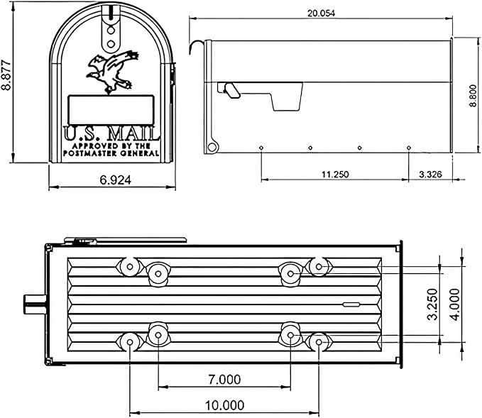 Plexon Mailboxes Classic Post Mount Mailbox - 20" L x 8.9" H x 6-7/8" W, Galvanized Steel, White, Rust-Resistant Powder Coated Finish