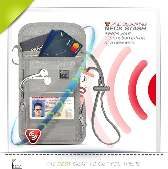 Lewis N. Clark Stash Neck Travel Wallet | RFID Blocking Passport Holder | Protect Personal Information | Gray