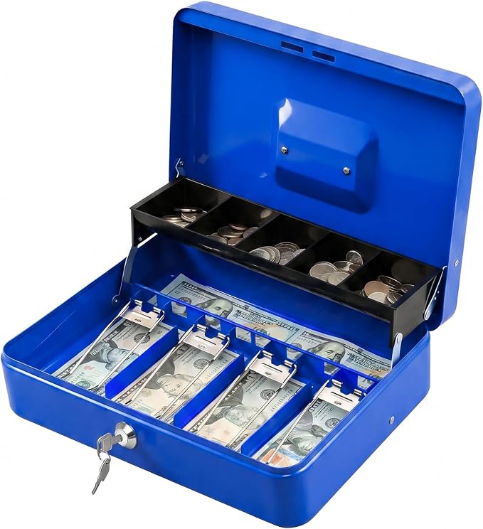 KYODOLED Locking Cash Box with Lock,Money Box with Cash Tray,Lock Safe Box with Key,Money Saving Organizer,11.81Lx 9.45Wx 3.54H Inches,Blue XL Large