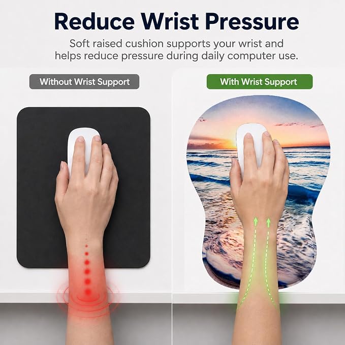 Mouse Pad with Wrist Rest Ergonomic Memory Foam Support, Non-Slip Rubber Base, Comfortable Typing Cushion for Home Office Computer Laptop, Beach