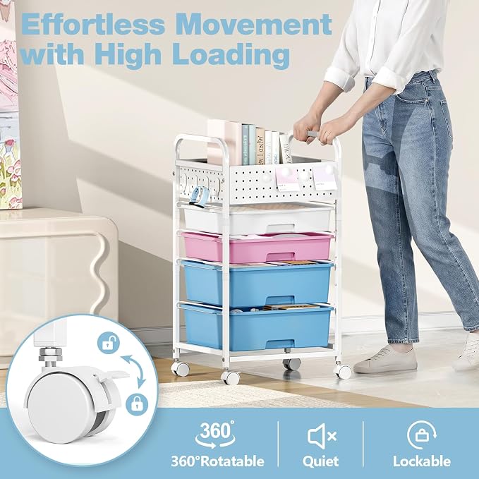 4 Drawer Rolling Storage Cart with Pegboard Top and Hooks, Pink&Blue | Mobile Organizer Cart with Wheels for Office Supplies, Craft Storage, Classroom Organization, Home Utility Cart