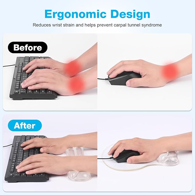 Gel Wrist Rest Mouse Pad Set, Ergonomic Support for Office Gaming | Ergonomic Keyboard and Mousepad with Wrist Support,Cooling Comfort, Non-Skid Base, Easy Clean, for Home and Work Desk Clear