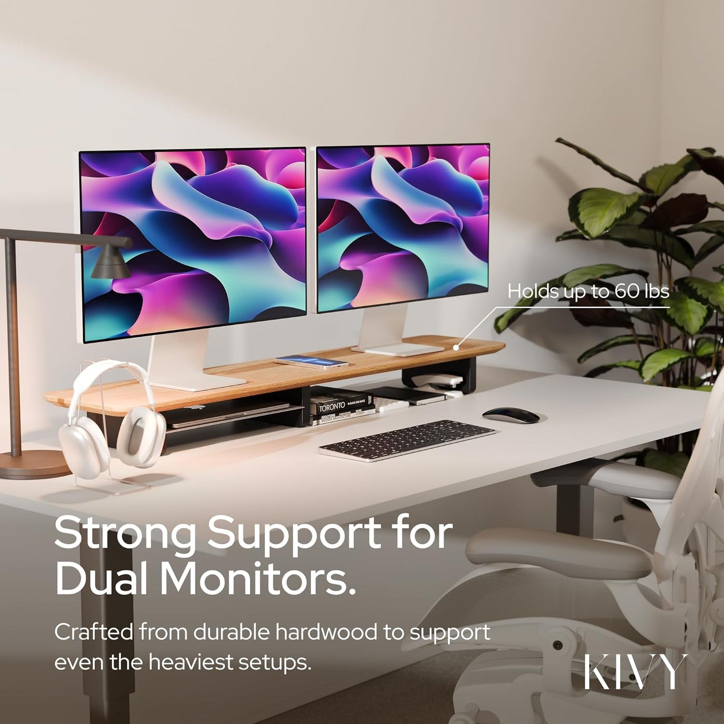 KIVY Dual Monitor Riser With Integrated Metal Shelf [MADE BY HAND] - Wooden Desk Shelf for 2 Monitors - Wide Long Stand for Desk (44 x10x3in - Oak)