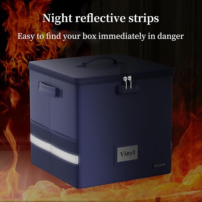 DocSafe Vinyl Record Storage Box with Lock, Fireproof＆Water Resistant Record Organizer for 100+ Single Records(12-inch), Collapsible Storage Crate with Lid&Handles for Valuable Album Collection, Blue