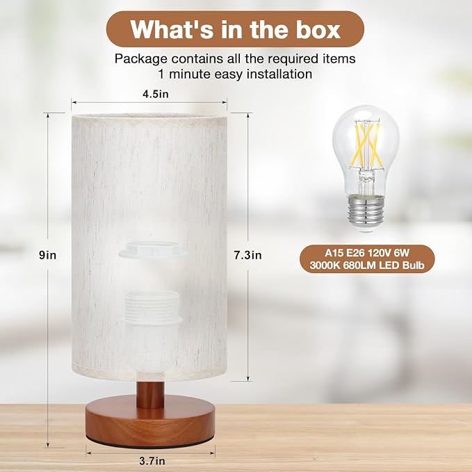 Small Table Lamps (Cream Shade - Walnut Base, 9" Inline Control) | 3000K LED Blub Included | 680 Lumens | Easy Assembly | Minimalist Design | E26 | for Kitchen | for Kids Room