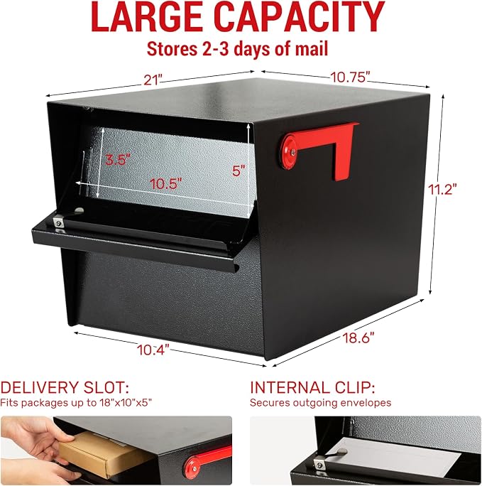 Large Locking Mailbox for Outside, RAINHOL All-Metal Modern Security Mailbox with 2 Keys, 21" x 11.2" x 10.5", Black