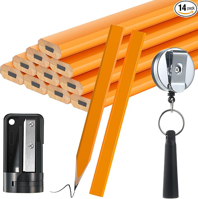 Hohean 14 Pcs Carpenter Pencils, 7 Inches Flat Octagonal Hard Woodworking Construction Pencils Heavy Duty with Pencil Sharpener and Retractable Pull Pen Holder for Contractor Carpentry (Yellow)