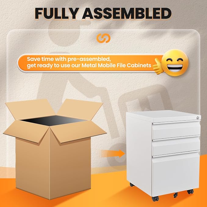 3 Drawer File Cabinet, Fully Assembled Mobile File Cabinets with Lock for Home Office, Metal Rolling Filing Caninet on Wheels, Three Drawer Under Desk Cabnet for Letter/Legal / A4 - White