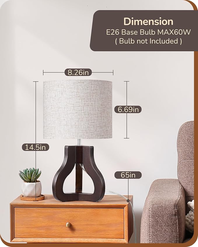 EDISHINE 14.6" Small Table Lamp, Walnut Wood Nightstand Lamp, E26 Base | Beige Linen Shade, On-Off Line Switch, Tripod Base, Cute Bedside Lamp for Living Room, Bedroom, Office