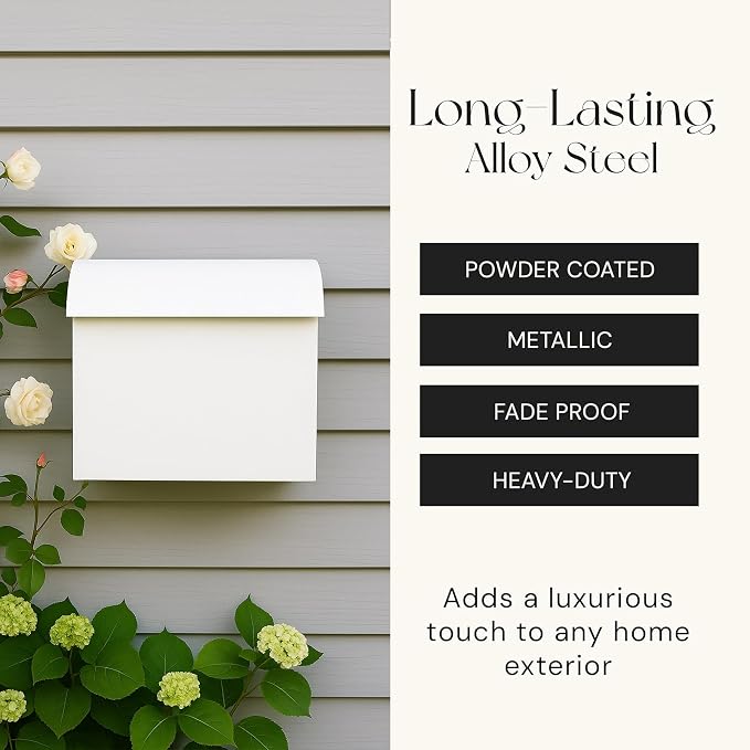 NACH Large Mailbox for House, 12.4”x7.1”x11.8 White Mailboxes for Outside, Waterproof Mailbox - Baxter-Style Wall Mount Mailboxes for Outside
