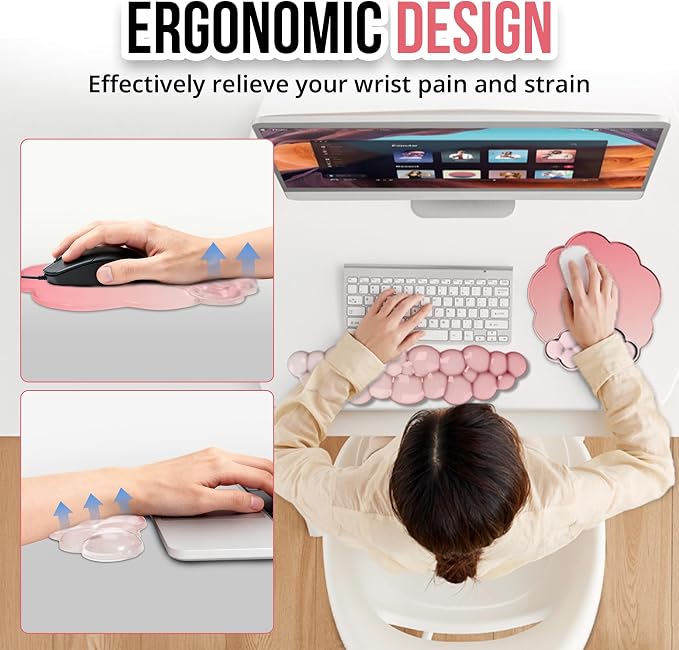 Cloud Wrist Rest Gel Set — Ergonomic Cloud Wrist Rest Keyboard and Mouse, Non-Slip Desk Accessories for Office and Home（Gradient Rose Red）