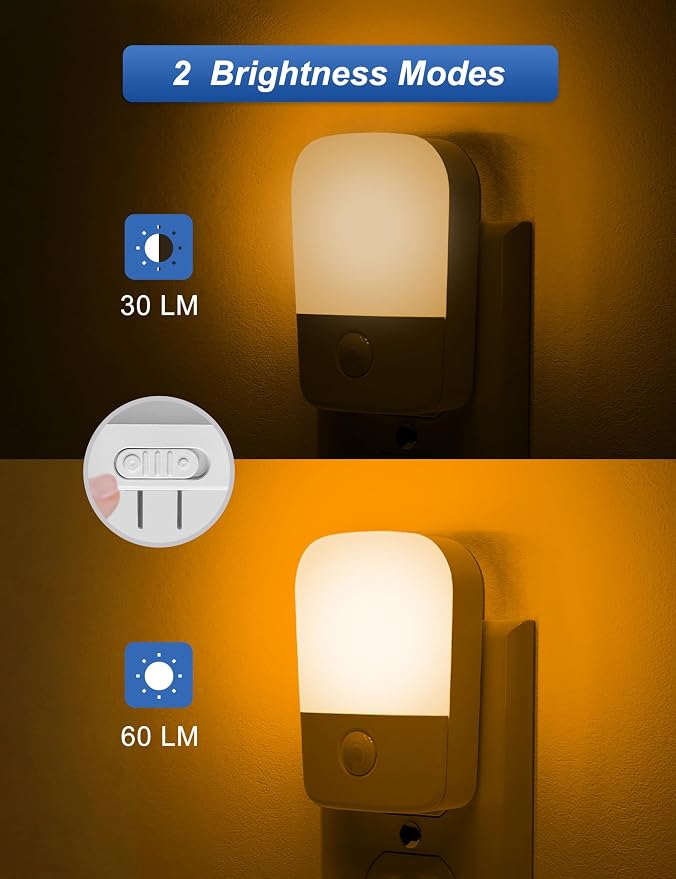 Amber Night Lights Plug into Wall, 2 Pack LED Bedroom Night Light with Dusk to Dawn Sensor, Brightness Adjustable, Plug in Night-Lights Suitable for Nursery, Kids Room, Bathroom