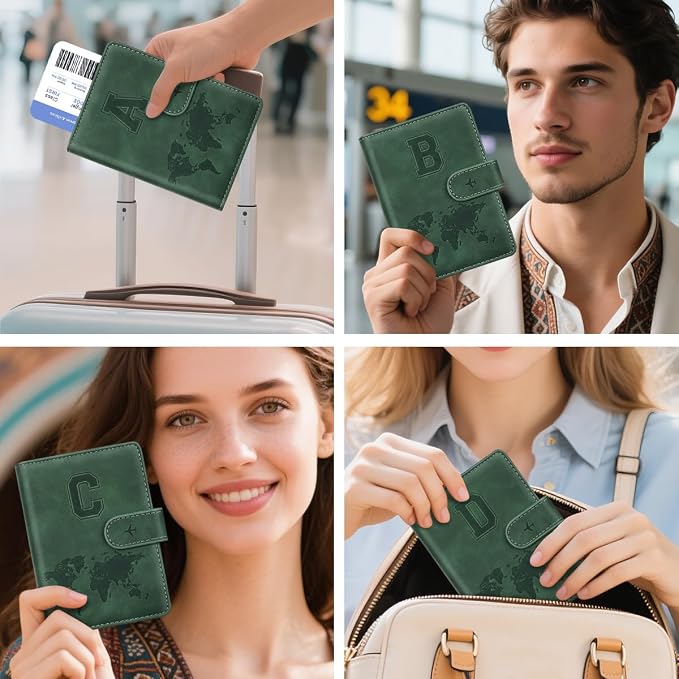 Passport Holder Wallet Cover Personalized Initial Travel Essentials | Embossed Letter A-Z Design, Travel Wallets, RFID Blocking, Passport Book Holders, Women Men, Personalized Gifts, Green-A
