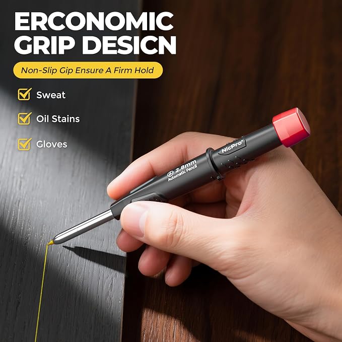 Nicpro Carpenter Pencil with Sharpener & Holster, Construction Pencil -Red | CP3000 Carpenter Mechanical Pencils+19 Refill, Deep Hole Marker for Construction, Heavy Duty Woodworking Tool for Marking