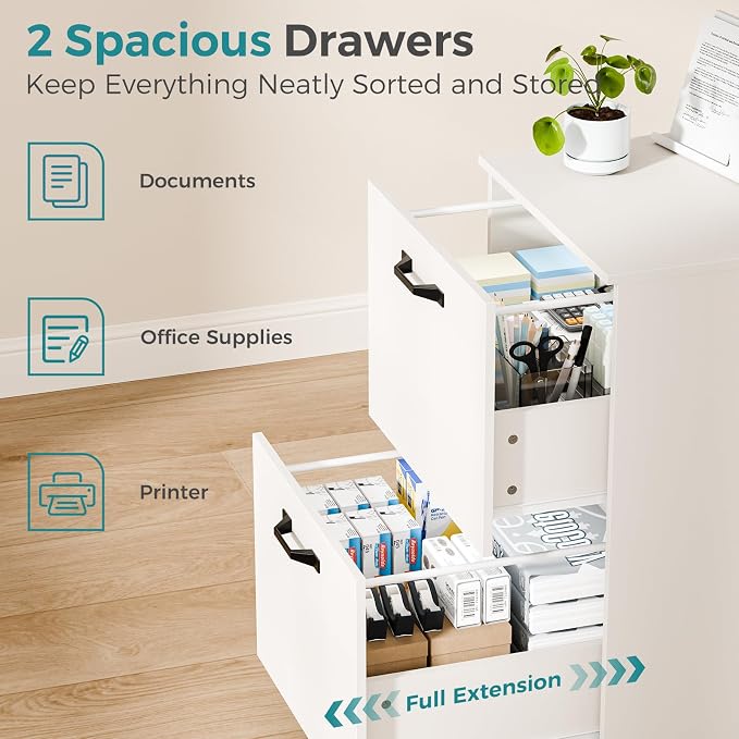 OLIXIS 2 Drawer File Cabinet, Printer Stand with Storage Cabinet | Wood Under Desk Storage Organization Holds Printer, Office Supplies, Not For Hanging Files, Fit Home Office White