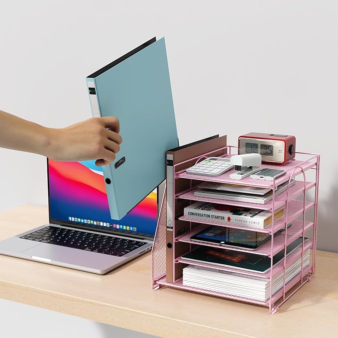 gianotter 6-Tier Paper Organizer With Magazine Holder | Desk Organizers and Accessories, File Organizer for Office Supplies Storag (Pink, 6-Tier)
