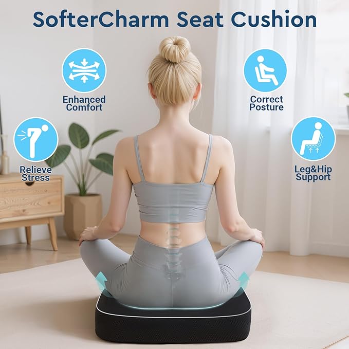 Seat Cushion, Memory Foam Office Chair Cushions for Long Sitting Hours, Chair Pad for Sciatica, Coccyx, Tailbone, Hip Pain & Pressure Relief, Office, Home,Car Seats,Airplane, Black/X-Large