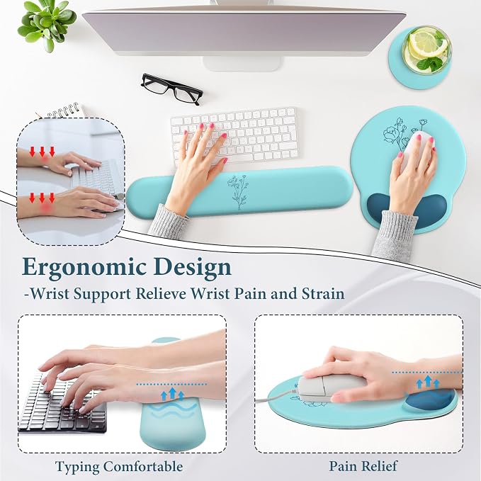 3 in 1 Ergonomic Mouse Pad and Keyboard Wrist Rest with Coaster Set-Blue | Cute Large Mousepad with Gel Wrist Support for Gaming Computer Laptop Women Office Home Desk Decor