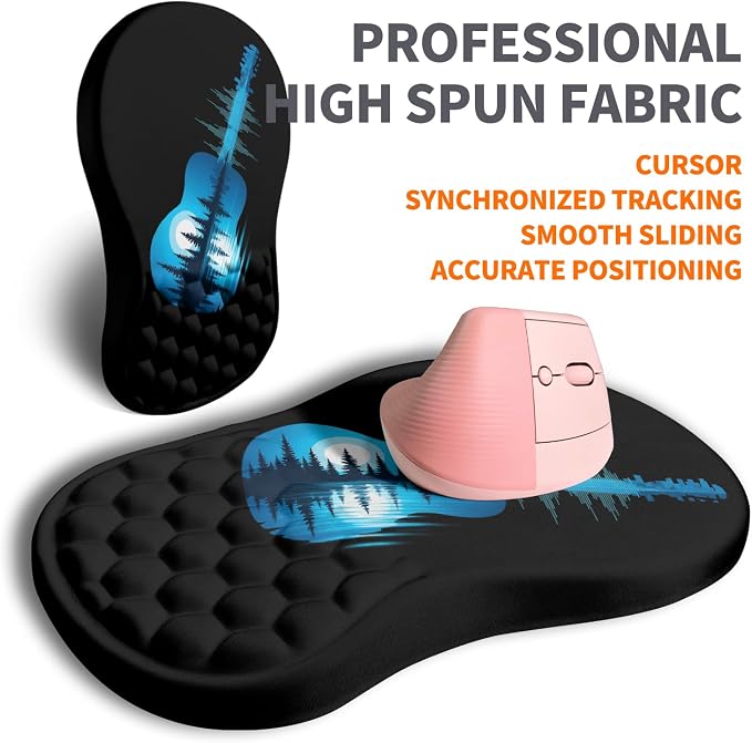 Ergonomic Joint Wrist Support Mouse Pad with Memory Foam Cushion Massage Bump, Carpal Tunnel Pain Relief Mousepad Slope Design for Wrist Rest, 11.8x7.9 in, Guitar