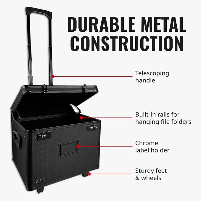 Vaultz Locking Mobile File Chest, Letter/Legal Size Storage Box, Black | Rolling filing chest storage for letter and legal size files, secure lock, compact 17.5x15.5x14.5 in black footprint