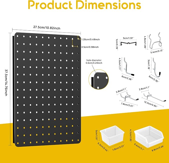 Peg board, Metal Pegboard for Tools, 8 Pack Black Wall Organizer with Hooks | 14.76"x10.82" steel panels with 36 hooks, 6 bins and peg locks for garage tools, kitchen, office and craft storage
