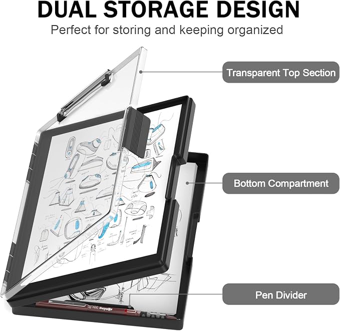 Rimilak Clipboard with Storage,8.5x11 2 Compartment Clip Board, Black | Smooth Writing, Side-Opening Plastic Folder with Pen Holder, Size 13.3 x 9.4 x 1.5″,for Classroom, Teacher, Student