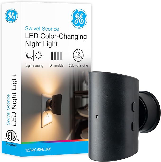 GE Directional Plug in Wall Sconce Night Light, Adjustable Swivel Accent Lighting with Dusk to Dawn Sensor, Dimmable Warm White & Optional Color Changing LEDs for Hallways & Bedrooms, 1-Pack, 82573