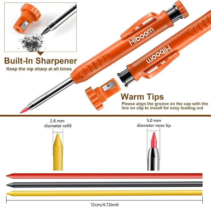 Hiboom 2 Pack Carpenter Pencils with Pencil Cap and 18 Refills, Orange | Mechanical Pencil, Deep Hole Marking, Built-In Sharpener, Long Nose Tip, Pocket Clip, Marks Many Surfaces, Woodworking Use