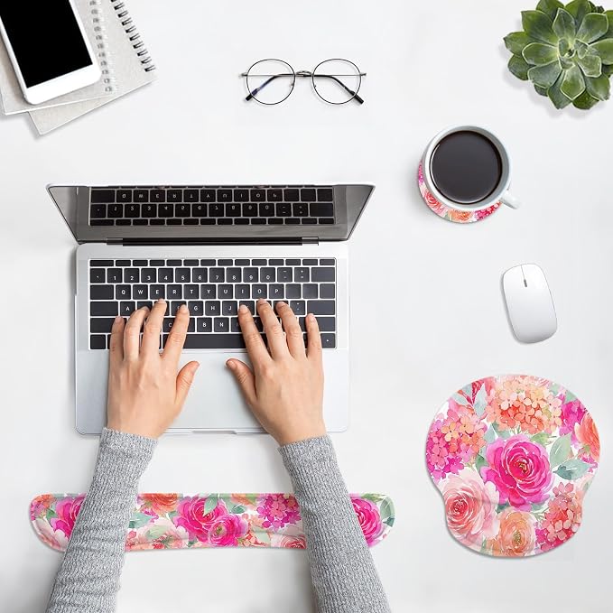 Ergonomic Mouse Pad Set with Wrist Rest, Pink Floral | Flower Peony Non-Slip Rubber Base Wrist Cushion Support and Coasters Mousepad with Wrist Support for Computer Keyboard