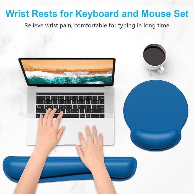 Dapesuom Keyboard Wrist Rest and Mouse Pad with Wrist Support, Memory Foam Cushion for Keyboard and Mouse Set, Ergonomic Desktop Pad Rests with Non Slip Base for Easy Typing & Pain Relief, Dark Blue