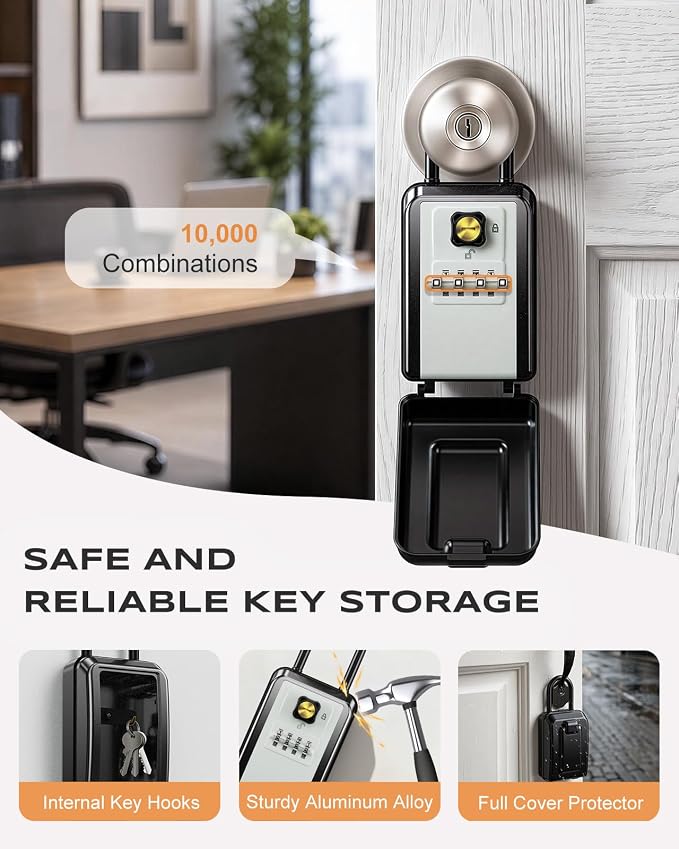 Large Lock Box for Keys with Code, 4 Digits Combination Portable Key Lock Box with Resettable Spare Key, Weatherproof Key Safe Storage Lockbox for Home, Office Door Handle, No Drilling Needed